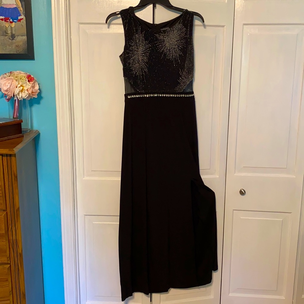Long gray and black dress with a slit